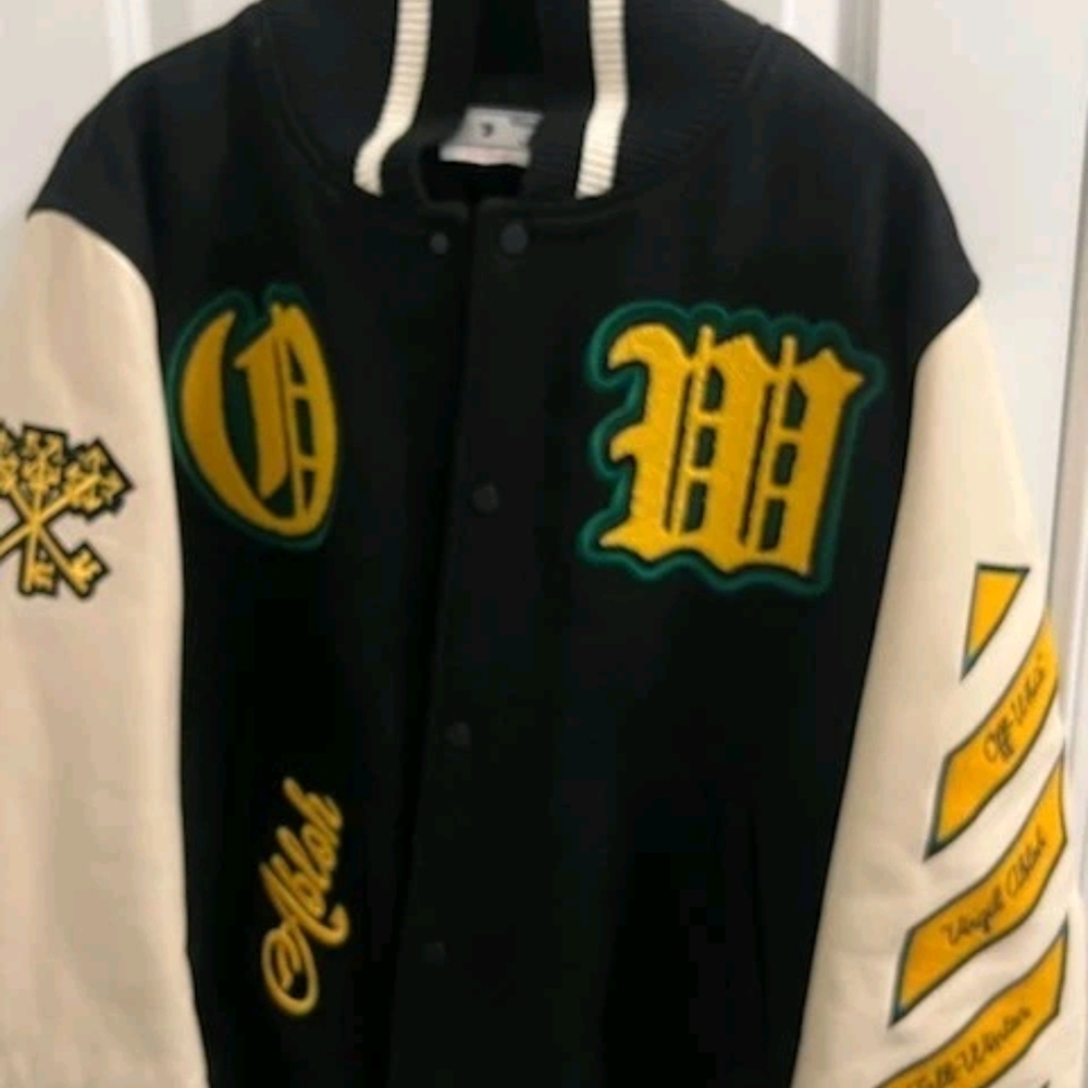 Off-White Black and Cream Varsity Jacket with Yellow Accents
